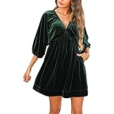 Ladyful Womens V Neck Velvet Dress 3/4 Sleeve Velour Mini Dress