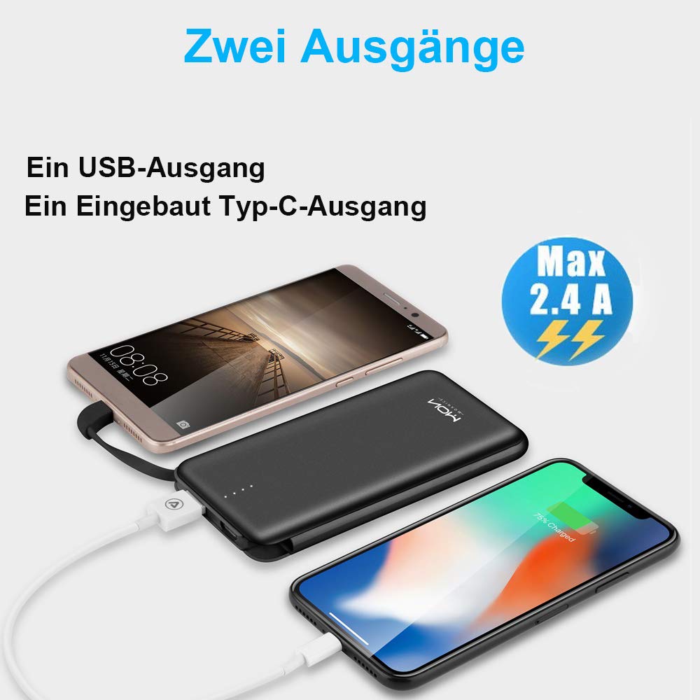 MOXNICE Fast Charging 10000mAh Power Bank - Slim Portable Charger with Built-in Type-c Cable, External Battery Charger Pack for iPhone Android Samsung（S8/S9 Galaxy Huawei iPad Tablet(Black)