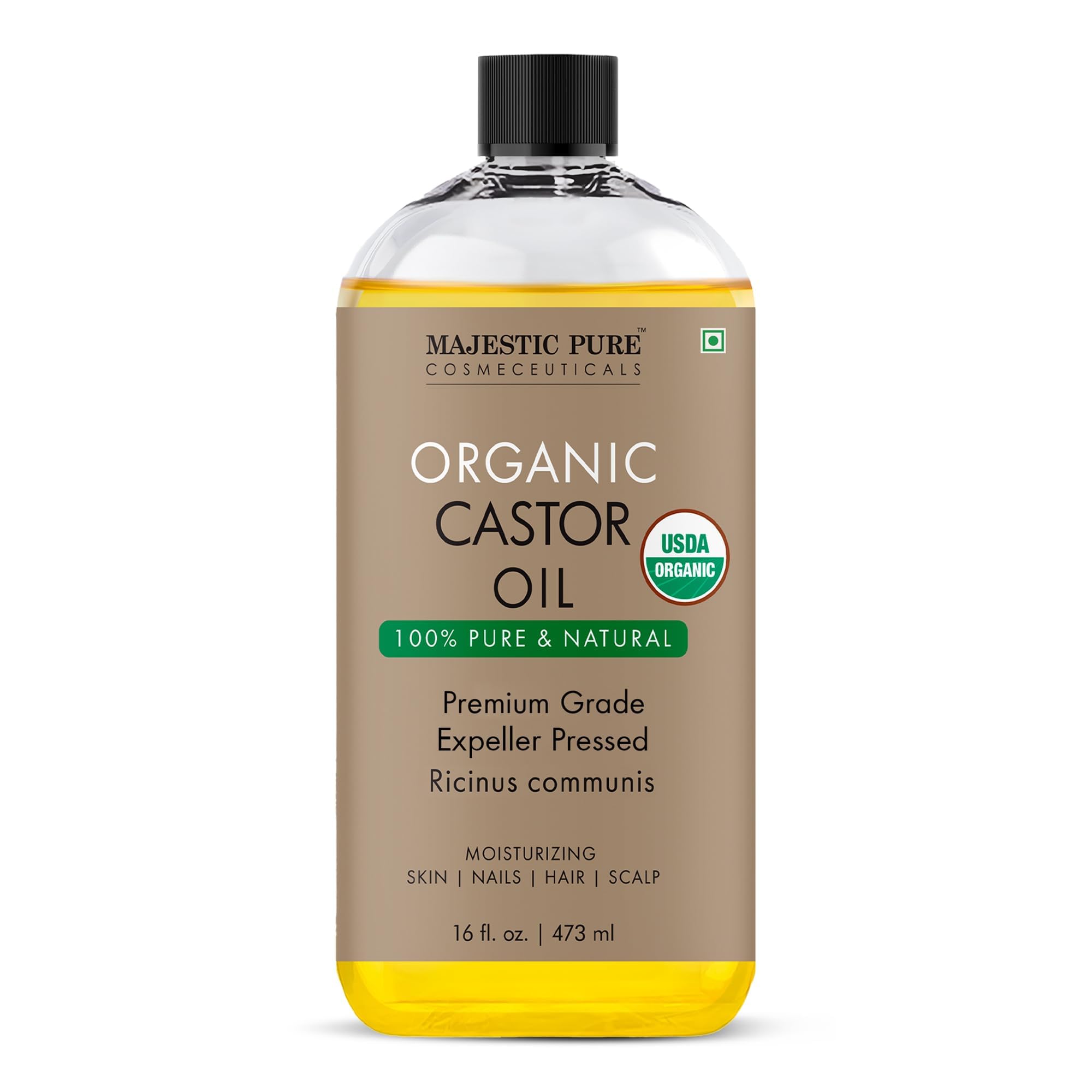 Majestic Pure USDA Organic Castor Oil | Hexane Free & 100% Pure | Cold Pressed | Stimulate Growth for Hair, Eyelashes, Eyebrows, Nails | Moisturizing & Nourishing | Body, Hair & Carrier Oil | 118 ml
