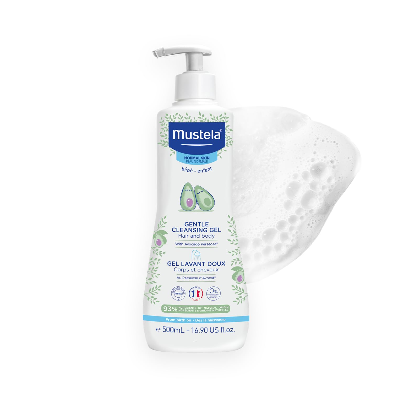 Mustela Gentle Cleansing Gel - Baby Wash for Delicate Skin and Hair - Newborn-Safe Cleanser - Crafted with Natural Avocado Perseose - Various Sizes - 16.90 fl. oz.