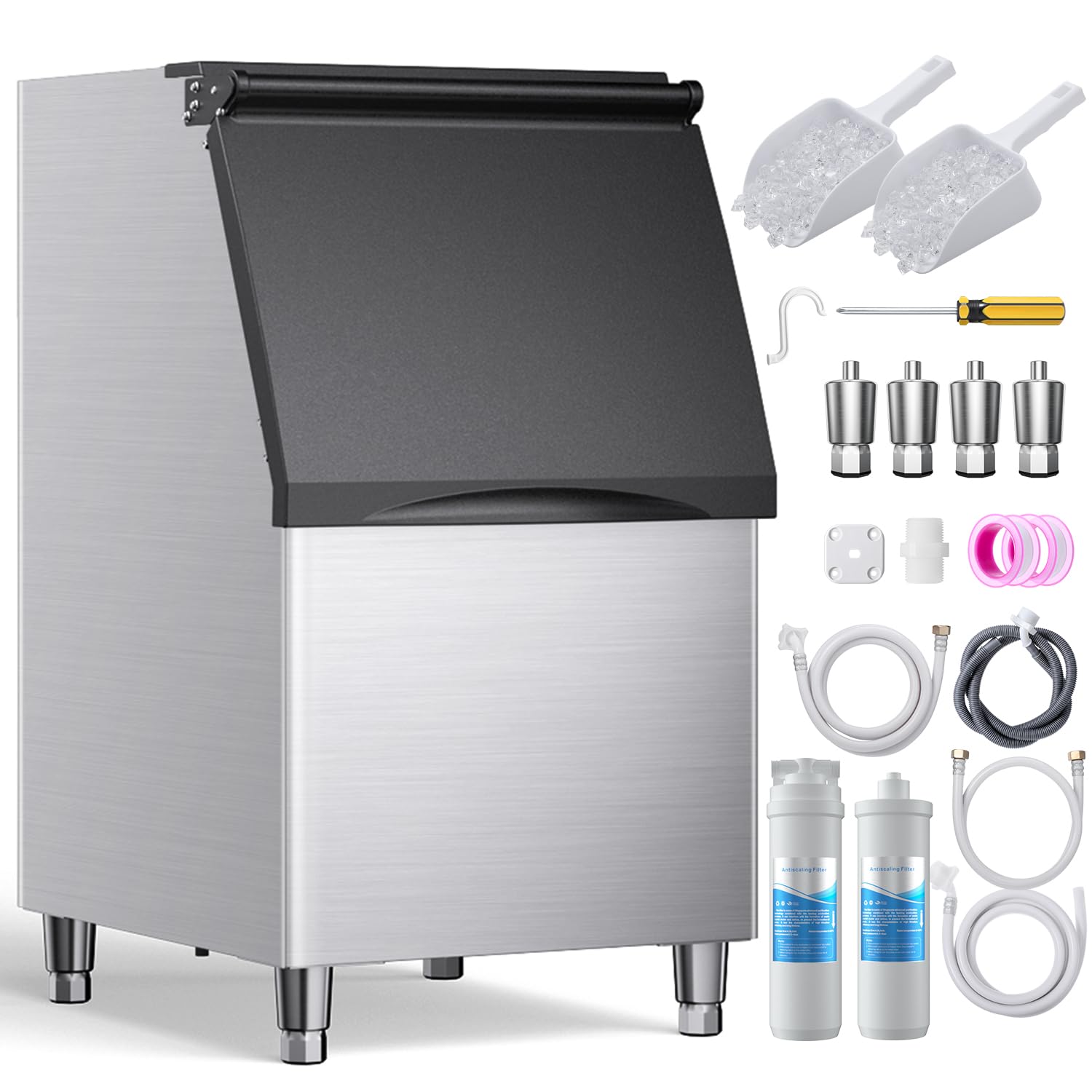 Photo 1 of (*Parts// fridge only*)Coolake 360 lb. Commercial Ice Machine Storage Bin, 26" Stainless Steel Space Saving Footprint Ice Bin with Convenient Lift-up Door, Filter, Scoop, Adjustable Feet, for Bar Restaurant Shop