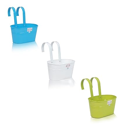 Pepper Agro Gardening Railing Balcony Planter Decorative Oval Hanging pots Metal Plant container Blue, White, Apple Green Set of 3