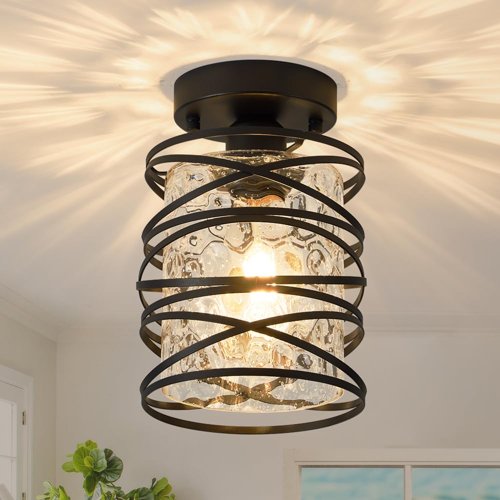 Photo 1 of LAMKNVS Mini Flush Mount Ceiling Light Fixture Matte Black Spiral Cage Kitchen Island Lights Handblown Clear Hammered Seeded Glass Shade Farmhouse Chandeliers for Dining Room Entryway Porch Foyer