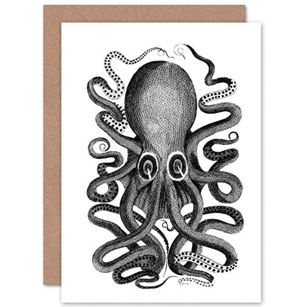 Wee Blue Coo Octopus Vintage Illustration Greeting Card With Envelope Inside Premium Quality