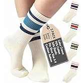 F|B Striped Retro Crew Socks for Women - Pair of 5 Triple Striped Socks with Terry Cushioned Sole
