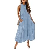 HAEOF Women's Summer Sleeveless Halter Midi Maxi Dress Casual Loose Fit Pleated Tiered Flowy Beach Vacation Long Sundress