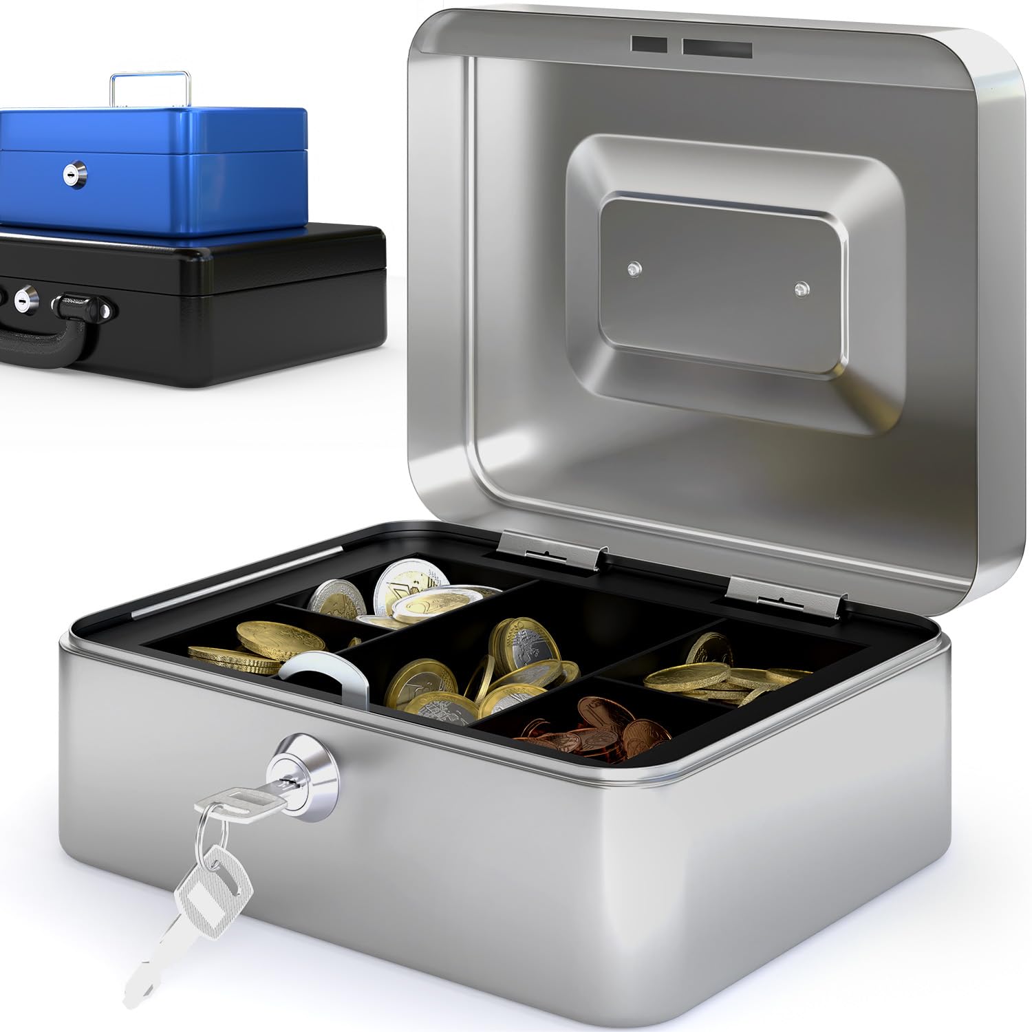 ACROPAQ 10001S Lockable Cash Box with Coin Counting Board, Small 16 x 20 x 9 cm, Lockable Box, Cash Box, Money Box Suitable for Money Storage, Silver