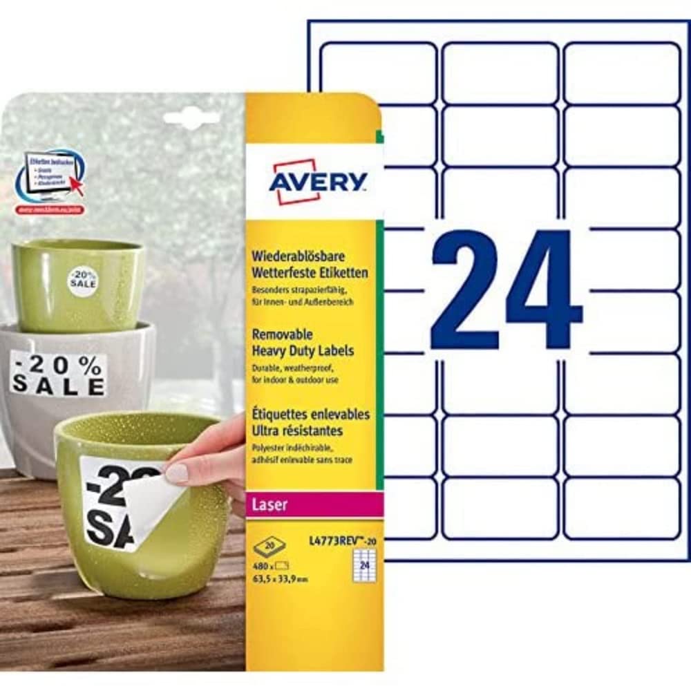 Avery Zweckform L4773REV-20 Weatherproof Labels/Re-Usable / 33.9 x 63.5 mm / 20 Sheets / 480 Labels White