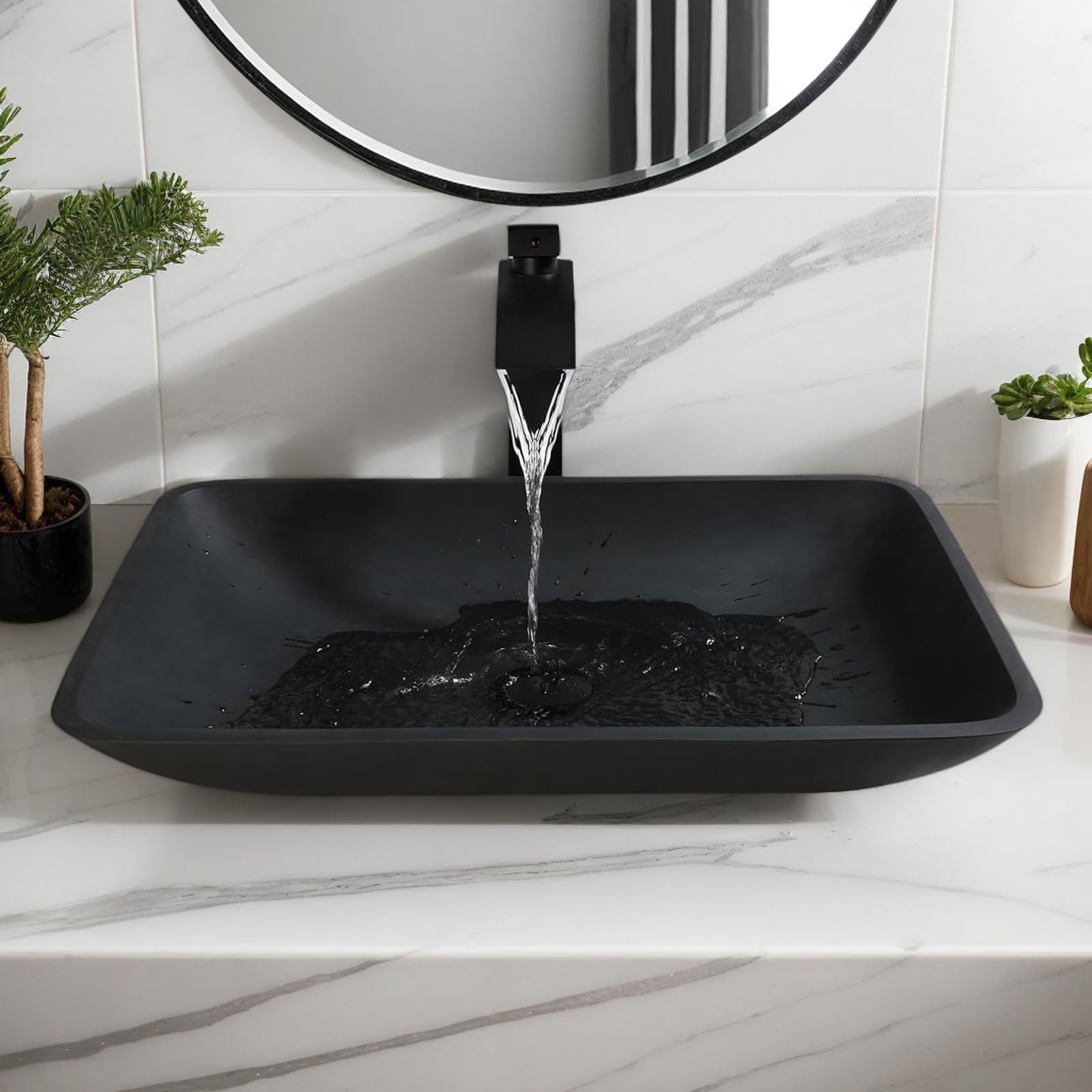 Photo 1 of KECTIAKL 22 Inch Bathroom Glass Vessel Sink with Waterfall Faucet and Pop-Up Drain Combo,Black Rectangular Sink Bowl Above Counter Tempered Glass Sink Basin