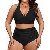 Yonique Womens Two Piece Plus Size Halter Bikini Swimsuits Tummy Control Bathing Suits High Waisted Swimwear