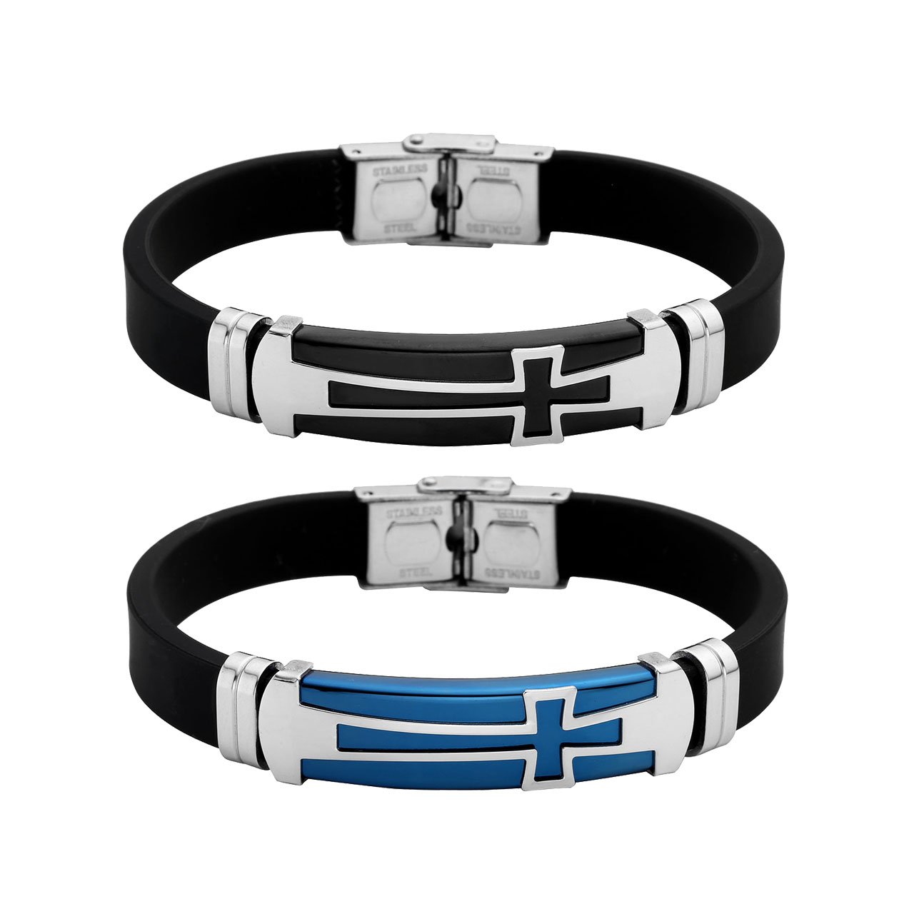 PiercingJ - Bijoux Bracelet en Caoutchouc Poli Croix Lien Poignet Chaine de Main Biker Motard Acier Inoxydable Classique Couple Amoureux Cadeau Valentin avec Boite Cadeau