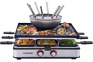 GIVENEU Electric Fondue Pot Set, 600ML Fondue Pot with Grill Plate, 8 Color-Coded Forks, 8 Non-Stick Pans, Dual Thermostat Fo