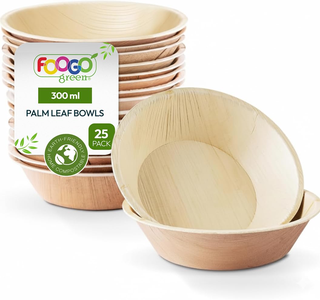 FOOGO Green 25pcs Disposable Palm Leaf Bowls, 6" (15cm), 10.5oz (300ml), for Desserts & Salad, Round, Eco Friendly Biodegradable Compostable, Like Wooden, Bamboo and Paper Bowls, Party