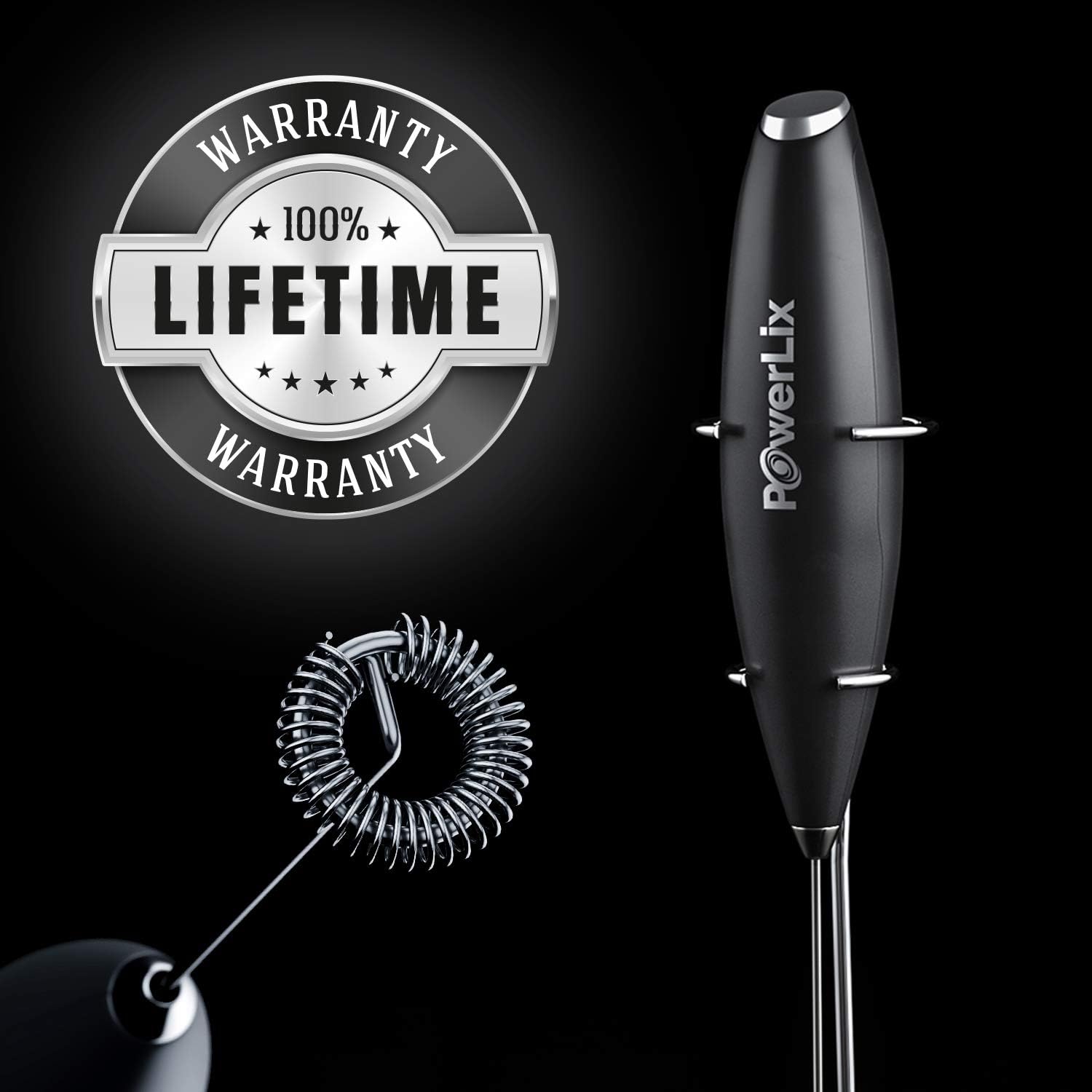 PowerLix Milk Frother Handheld Battery Operated Electric Foam Maker For Coffee, Latte, Cappuccino, Hot Chocolate, Durable Drink Mixer With Stainless Steel Whisk, Stainless Steel Stand Include (Black): Kitchen & Dining