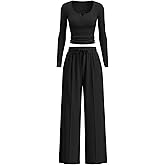 Simlakey Women's 2 Piece Lounge Set 2025 Fall Travel Outfits Knit Long Sleeve Top Henley Shirt Wide Leg Pants Airport Clothes