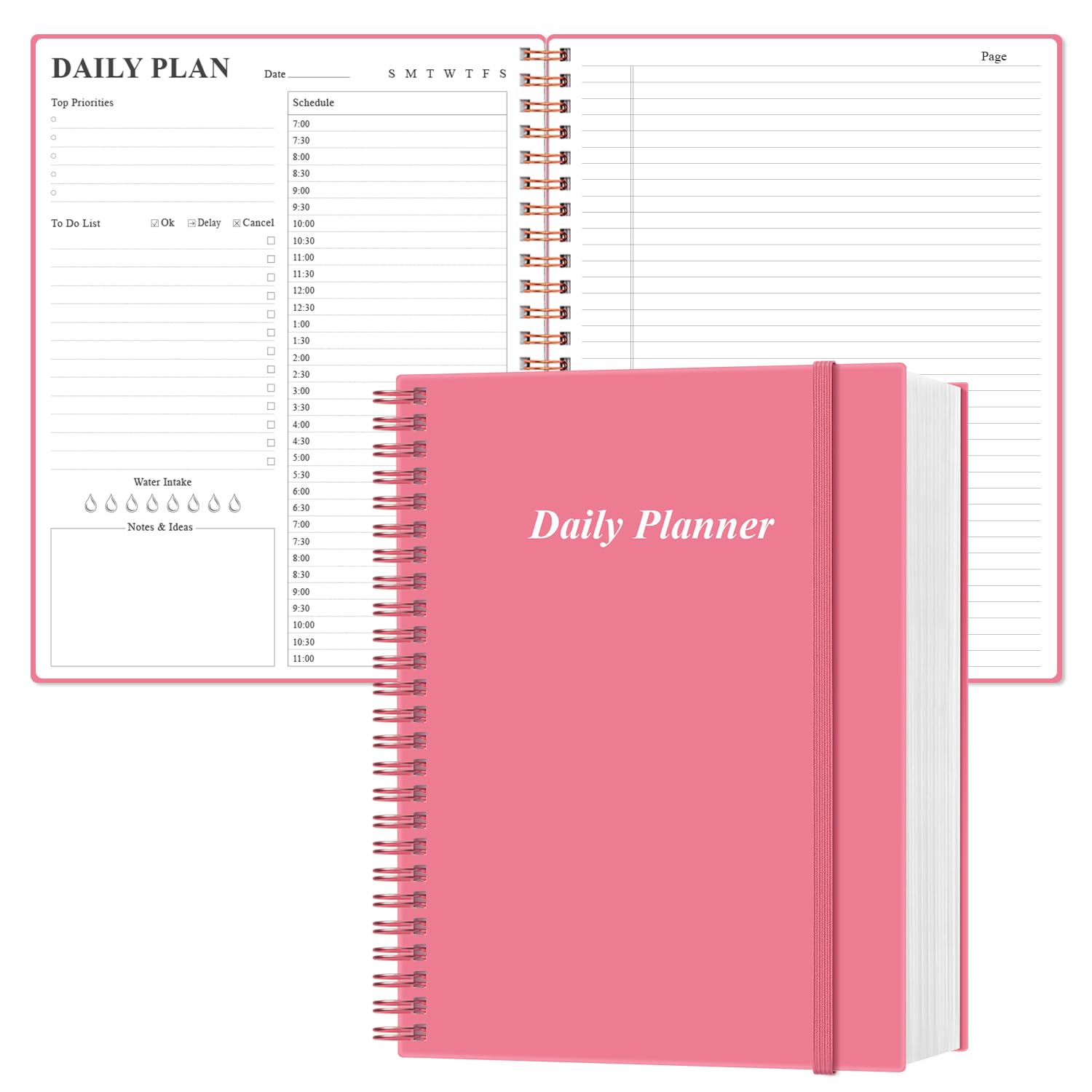 Daily Planner Undated - A4 To Do List Notebook Hourly Schedules, 150 Sheets/300 Pages Spiral Appointment Planner for Women and Men,PVC Hardcover, Inner Pocket, Large Size Planner, Pink