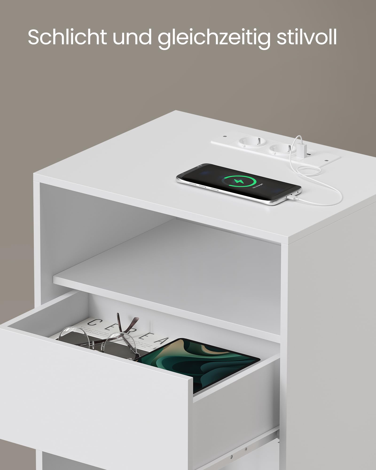VASAGLE Nachttisch, superschnelle werkzeuglose Montage, Toolless-Technologie, Beistelltisch mit Ladefunktion, Nachtschrank mit Schublade, Schlafzimmer, mattweiß LET777W04 6