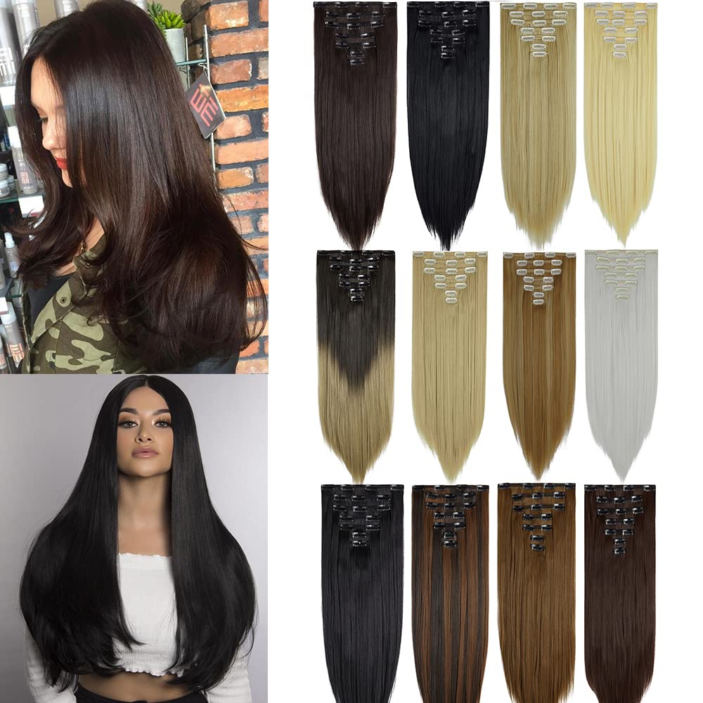 DODOING 23 Inch Clip in Hair Extension 7Pcs 16 Clips Straight Thick Full Head Clip on Synthetic Hair Extension Double Weft Hair Extensions for Women (Sandy Blonde Mix Bleach Blonde)