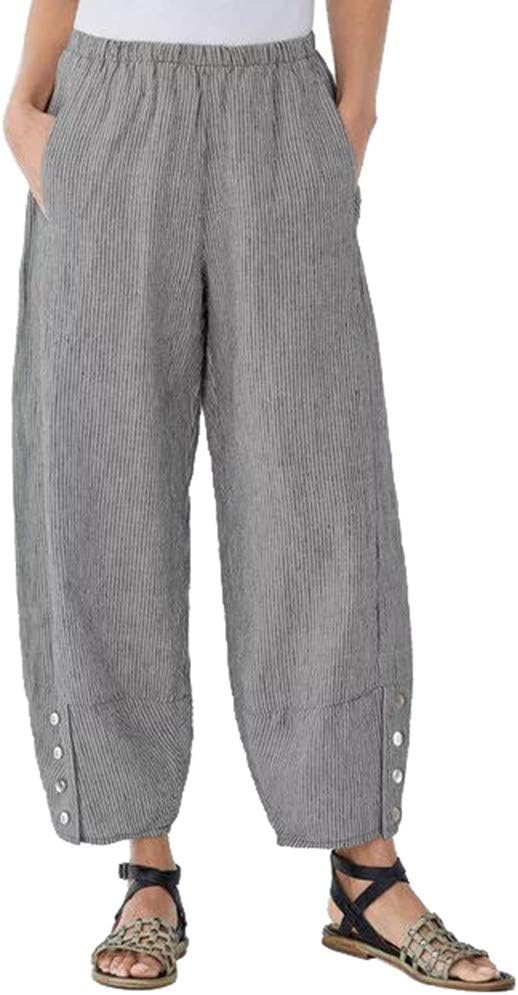 HYSGM Women Casual Stripe Printed High Waist Loose Long Pants Beach Wide Leg Cropped Trousers