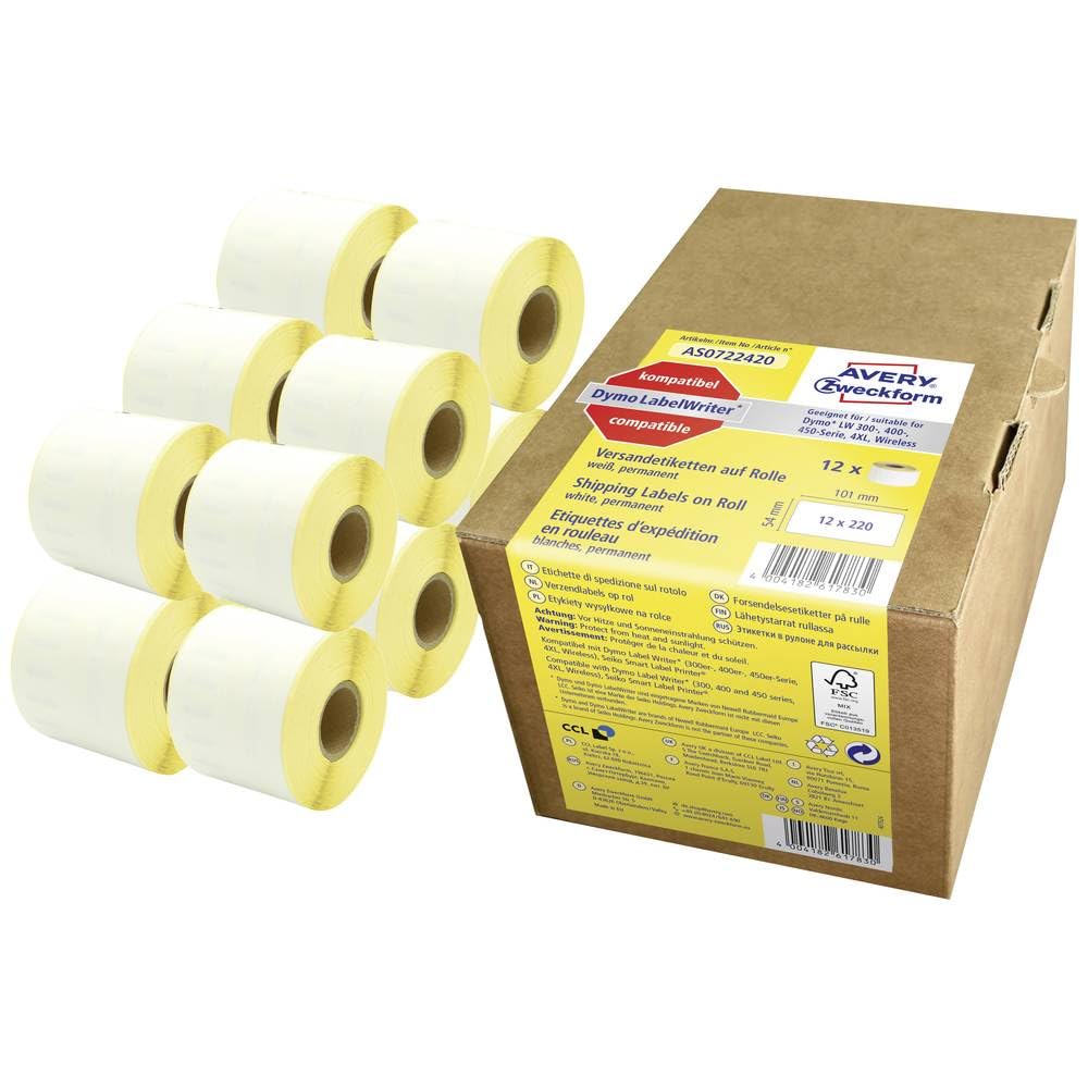 Avery Zweckform AS0722420 Labels Self-Adhesive (2.640 Parcel Stickers 54 x 101 mm Compatible with Dymo LabelWriter Equivalent to S0722420/99014 12 Rolls) White