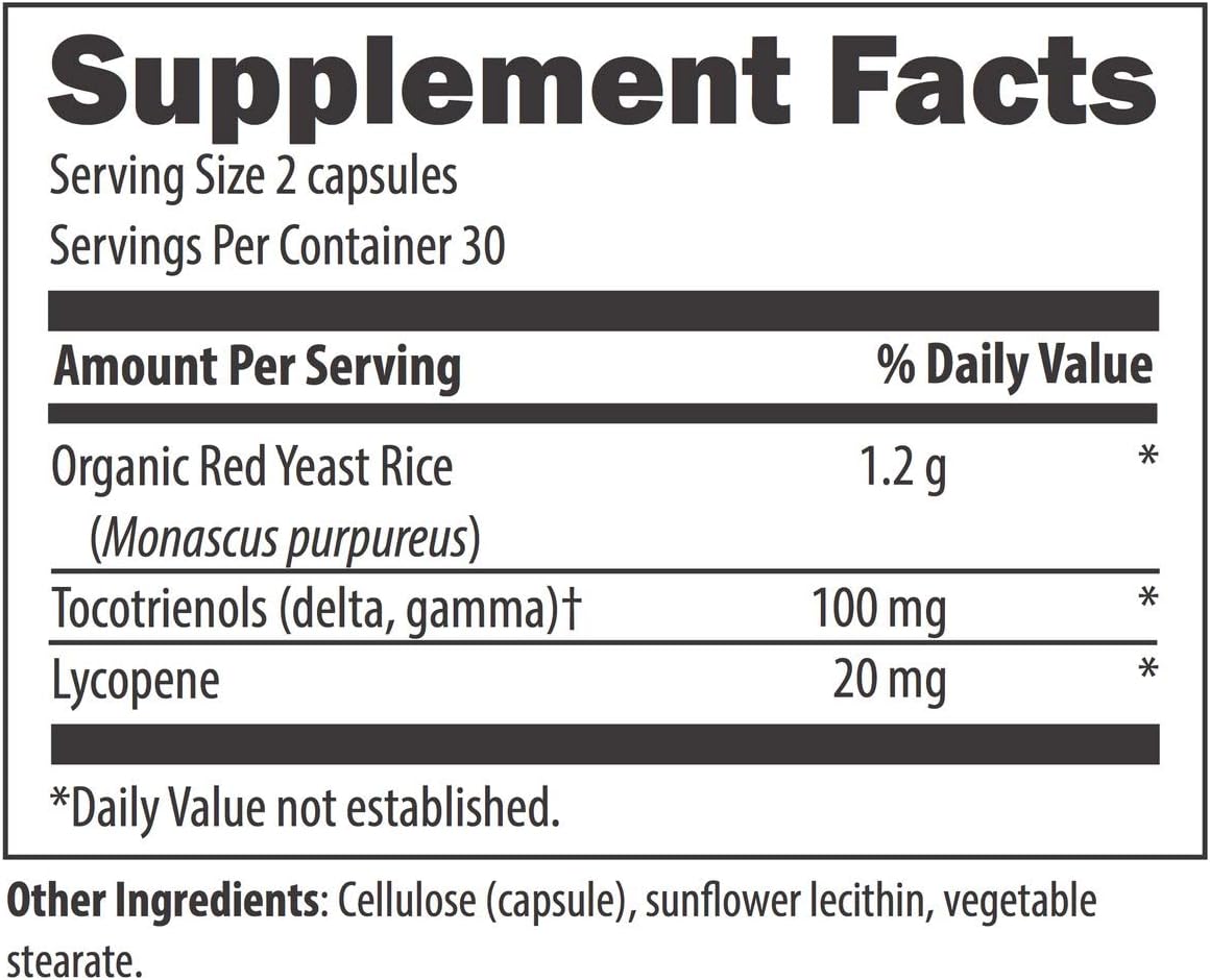 Designs for Health Organic Red Yeast Rice with Tocotrienols + Lycopene - Lipotrienols RYR, 1200mg Organic RYR + 20mg Lycopene (60 Capsules): Health & Personal Care