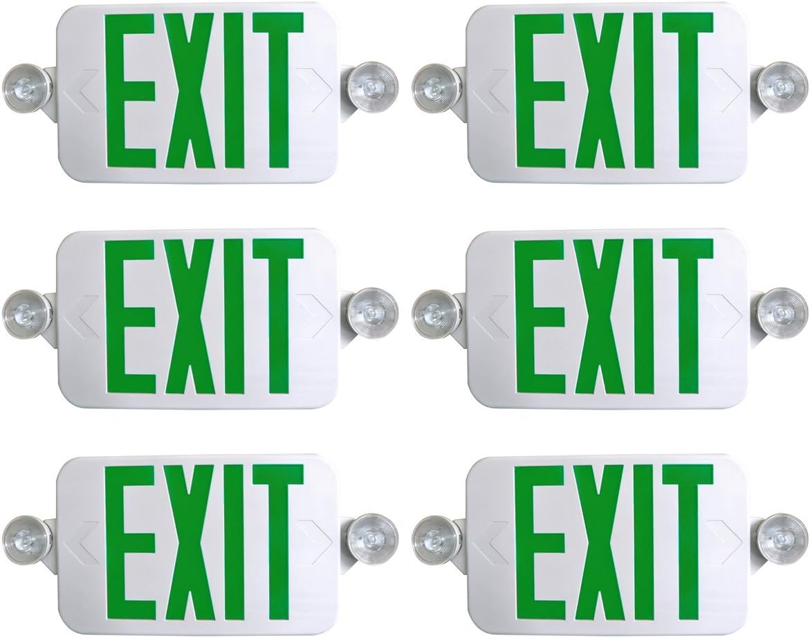 6 PACK TBF All LED Decorative Green White Exit Sign & Emergency Light Combo with Battery Backup (White/Green)