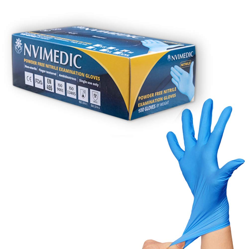 NVIMEDIC Nitrile Examination Gloves Powder- free Strong & Safe Box of 100 (Small), Blue, S (Pack of 100)