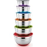 P&P CHEF Mixing Bowls With Lids, Set of 6, Stainless Steel Nesting Mixing Bowls & Fitting Lids & Non-Slip Silicone Bottom, Id