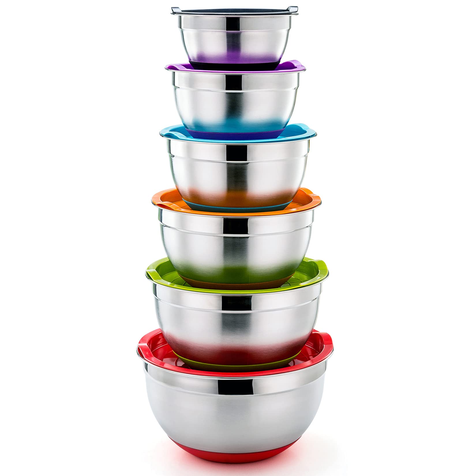 Photo 1 of P&P CHEF Mixing Bowls With Lids, Set of 6, Stainless Steel Nesting Mixing Bowls & Fitting Lids & Non-Slip Silicone Bottom, Ideal for Mixing, Storing, Size 0.7/1/1.5/2.5/3/4.6 Qt, Multicolor