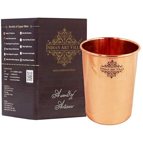Indian Art Villa Handmade Pure Copper Glass Cup 300 ML - Serving Water Home Hotel Good Health Benefits Yoga