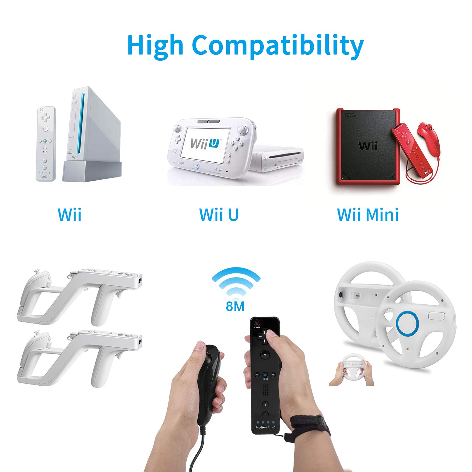 Motion Plus Wii Controllers 2Packs with Nunchucks, Wii Remote Controllers Compatible for wii and Wii U with Built in Motion Plus