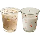 yaocoral Set of 2 12 OZ French Floral Drinking Glasses Flower Glass Coffee Cup Cute Glass Cups for Iced Coffee,Tea,Juice,Latte,Milk,Dessert,Stackable Glassware Drinkware Set(red yellow)