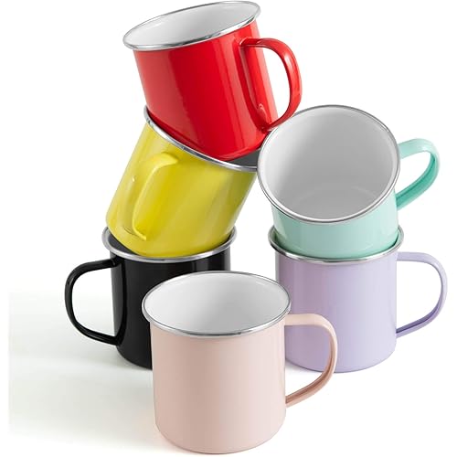 Rorence Camping Mugs Coffee Mugs: 6 Piece 12 Oz Colorful Powder Coated Metal Camp Cups Coffee Cups