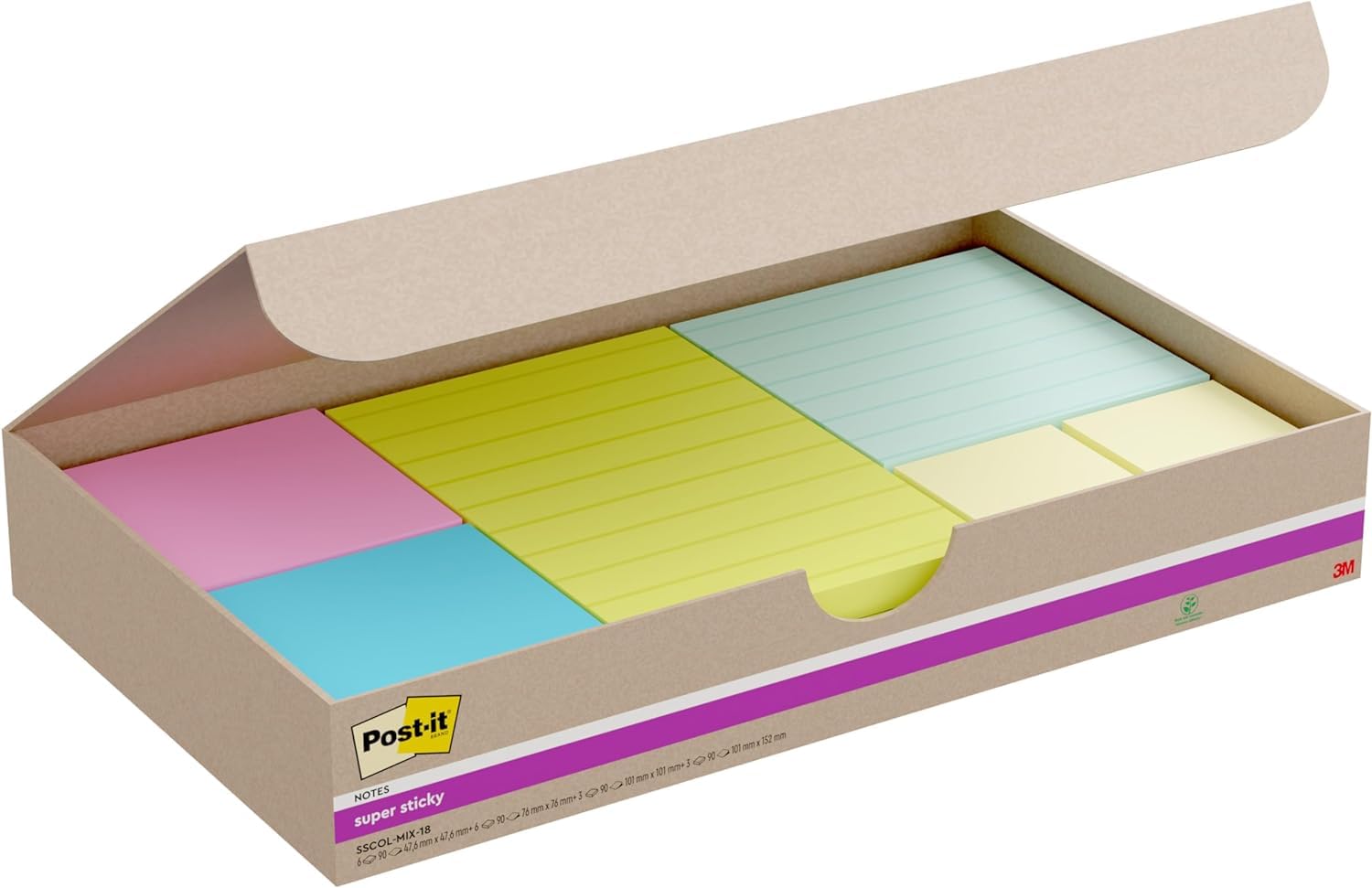 Post-it Super Sticky Notes, Pack of 18 Pads, Value Pack - Holds Strong to Many Surfaces - Blue, Pink, Green, Yellow - for Walls, Monitors and Fridge, Recycable