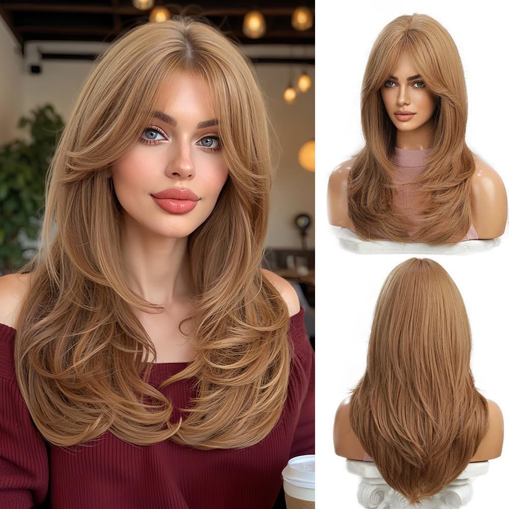 Esmee Long Straight Strawberry Blonde Wigs for Women Natuaral Layered Synthetic Hair Wig with Fringe for Daily Party Cosplay Use-20 Inches — image 1