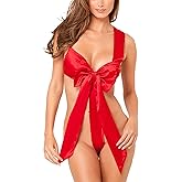 EASYLONGJEE Sexy Christmas Lingerie Set, Teddy Babydoll Strap Bow Tie Lingerie Bodysuit for Women Red Onesize 2-8