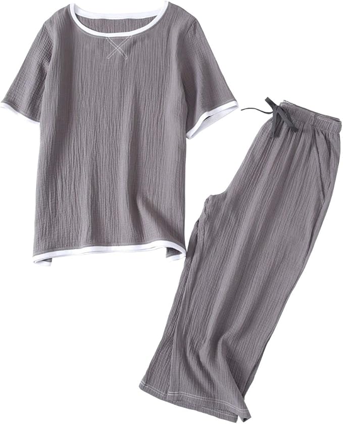 Amazon パジャマ メンズ 綿 Tシャツ 二重 ガーゼ 上下 セット 部屋着 半袖 七分丈パンツ 上下セット ポケット付き パジャマ 通販