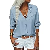 Veatzaer Womens Solid Lapel Long Sleeves Button Down Shirt Top Casual Basic Office Blouse