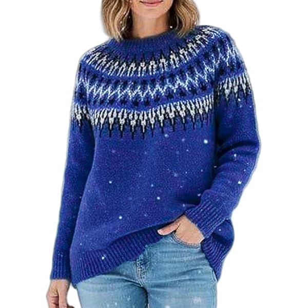 Women's Fair Isle Jacquard Knit Sweater Vintage Crew-Neck