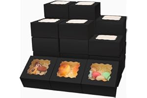 Bakepacker Black Bakery Boxes with Window 6x6x3 inches Thick & Sturdy Macaroon Pastry Boxes Cookie Boxes for Bakerys（60-Packs）