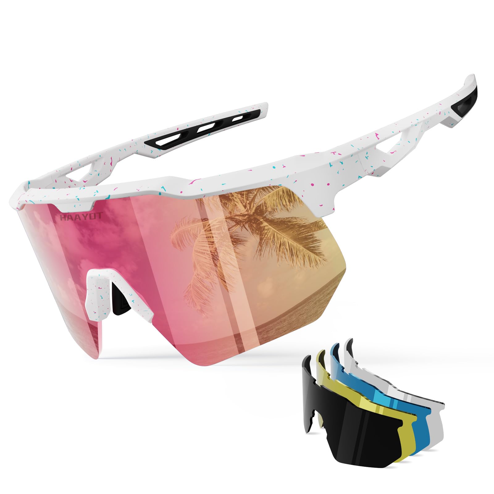 Photo 1 of HAAYOT Polarized Sports Sunglasses for Men Women Youth Baseball Cycling Running Softball Biking Glasses 5 Lenses Color Spray Pink
