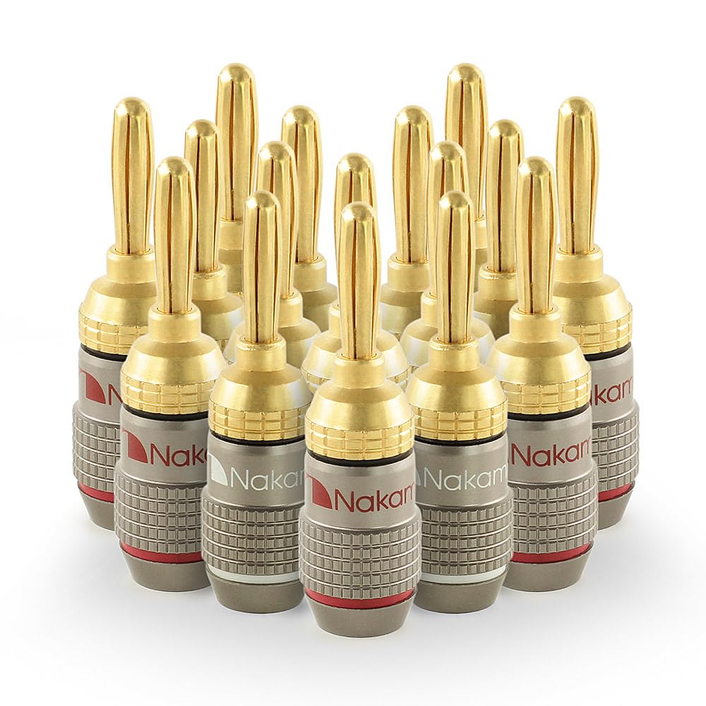 Nakamichi FanLock Excel Series 24k Gold Plated Banana Plug 10 AWG - 18 AWG Gauge Size 4mm for Speakers Amplifier Hi-Fi Stereo Home Theatre Radio Audio Wire Cable Quick Connector 16 Pcs (8-Pairs)