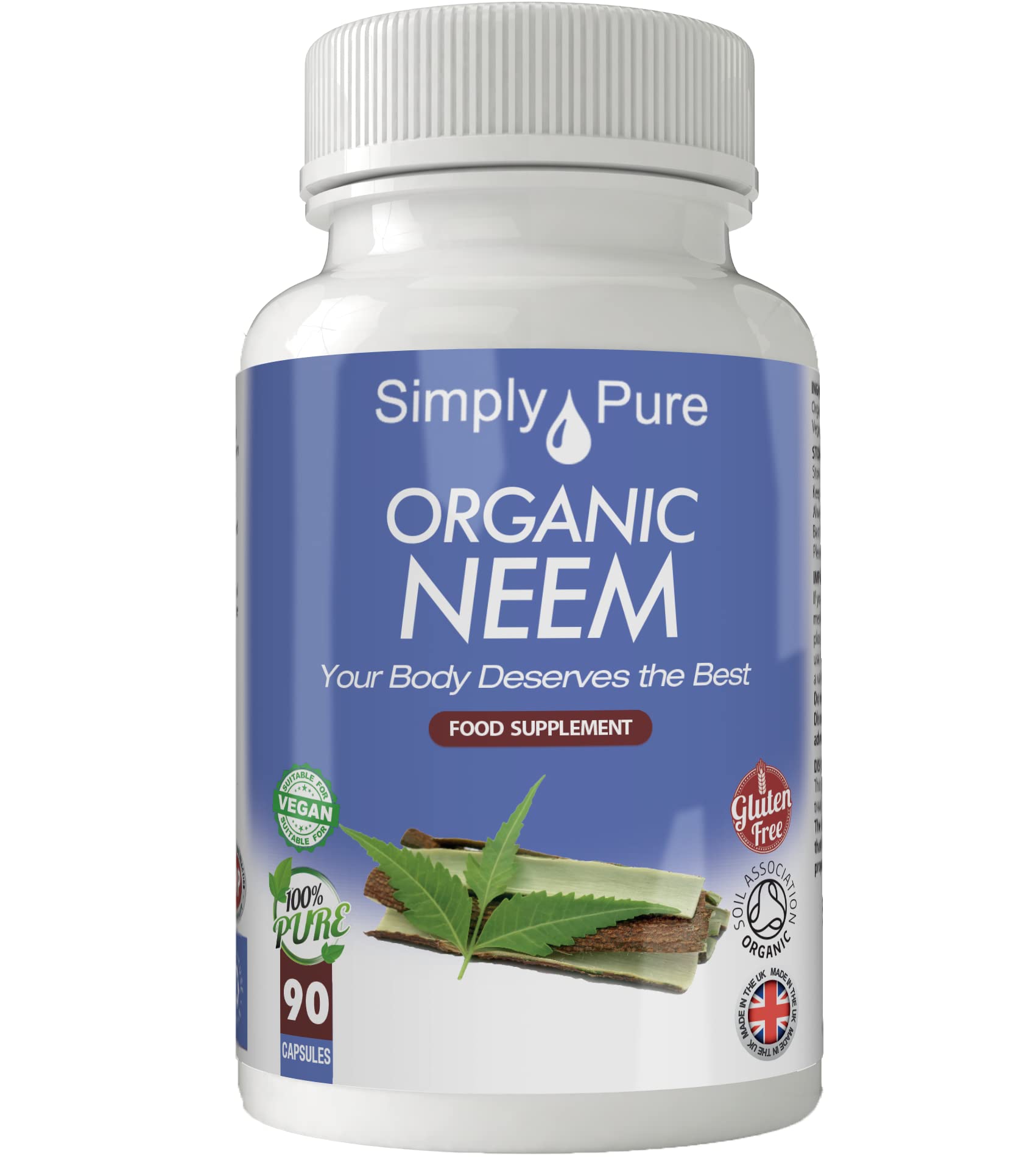 Simply Pure Organic Neem Capsules for Natural Detox & Oral Health | 500mg x 90 Capsules | 100% Pure Soil Association Certified | Gluten Free | GM Free | Vegan