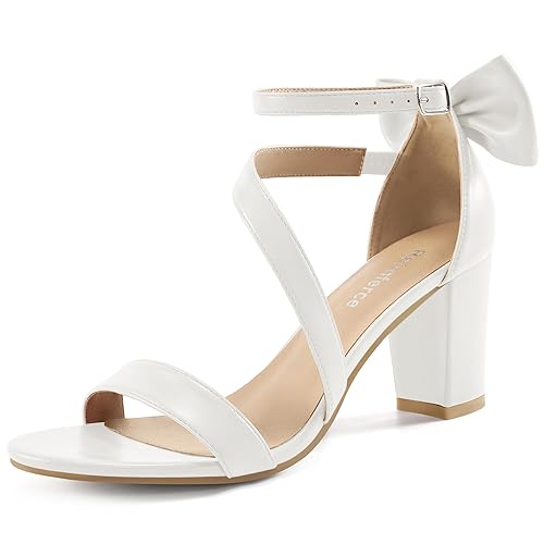 Reimferce Chunky Heels for Women Wedding: White 8 Comfortable Ladies Bow Heel Sandals for Prom Party - Bridal Dressy Walking Shoes