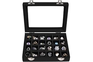 EONGOA Jewelry Box 24 Grid Velvet Earrings Holder Tray Detachable Earring Ring Case Jewelry Showcase Glass Clear Lid Organizer Jewelry Display Storage Ring Trays (Black)