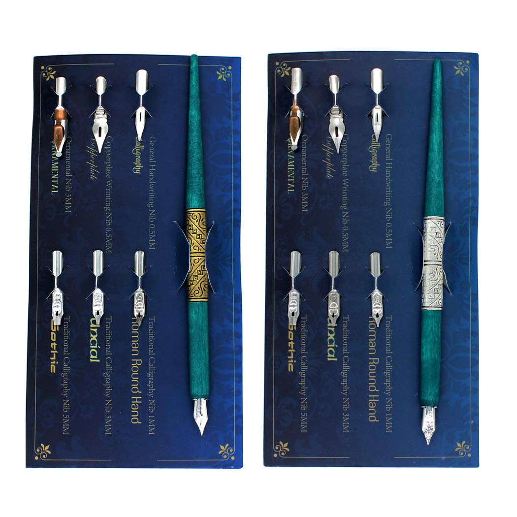Hillento Marble Wood Manga Calligraphy Drawing Pen Kit, Professional Comic Dip Pen, Includes 2 Comic Pen Holders Handles, 12 Nibs for Lettering Sketching, Art, Calligraphy, Bronze and Silver