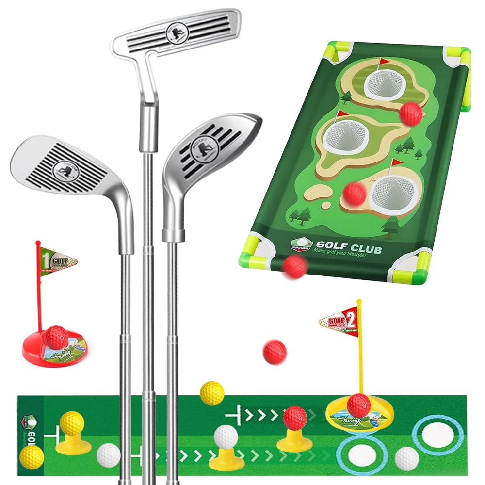Agarte Kids Golf Set, Kids Golf Clubs with 3 Adjustable Golf Clubs, 9 Balls, Putting Mat, 3 Practice Holes, Toddler Golfs Set, 3 Golf Tee, Kids Golf Garden Games for Boys Girls