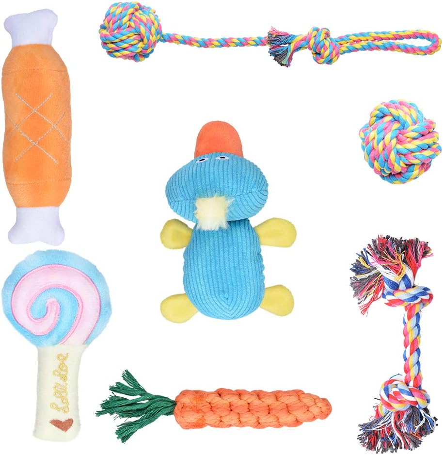 Kitchen & Dining : Oziral Puppy Toys, [7 Pack] Braided Small Dog Toys Set, Cute Duck Plush Squeaky Toys for Puppies Teeth Cleaning, 100% Natural Cotton Interactive Ropes Chew Toys for Puppy Playing, Non-Toxic and Safe : 