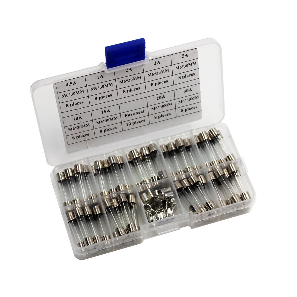 6X 30mm Fast-Blow Glass Fuses Quick Blow Car Motorbike Boat Quick Glass Tube Fuses Assorted Kit(72PCS)