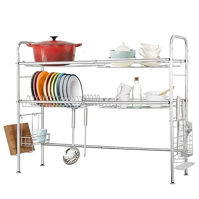 Dish Rack Dish Drainer Over Sink Large Kitchen Dish Drying Rack Stainless Steel for Kitchen Counter with Utensil Holder Dish Dryer Silver